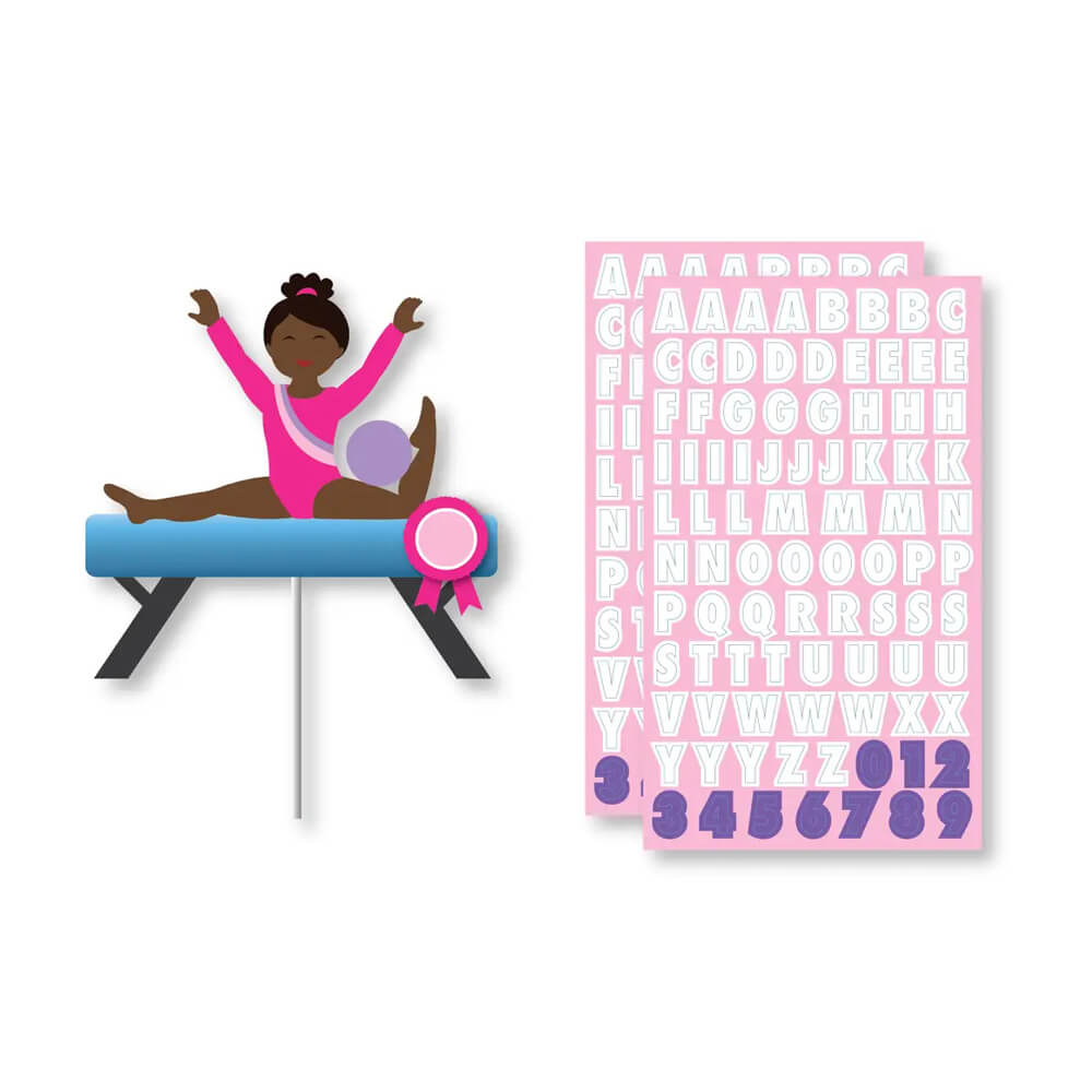 gymnastics-party-customizable-name-cake-topper-with-stickers-black-brown-girl