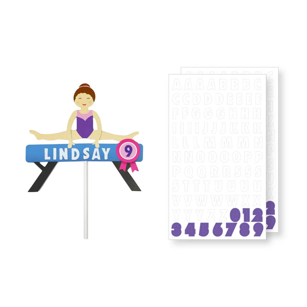 gymnastics-party-customizable-name-cake-topper-with-stickers-brown-hair-brunette-girl
