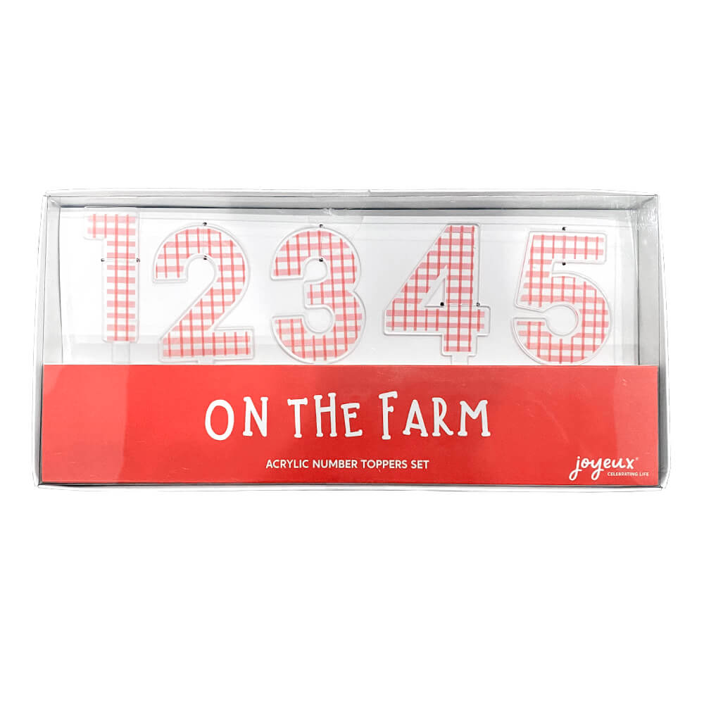 joyeux-company-on-the-farm-red-plaid-acrylic-number-cake-toppers-cake-cupcake-toppers