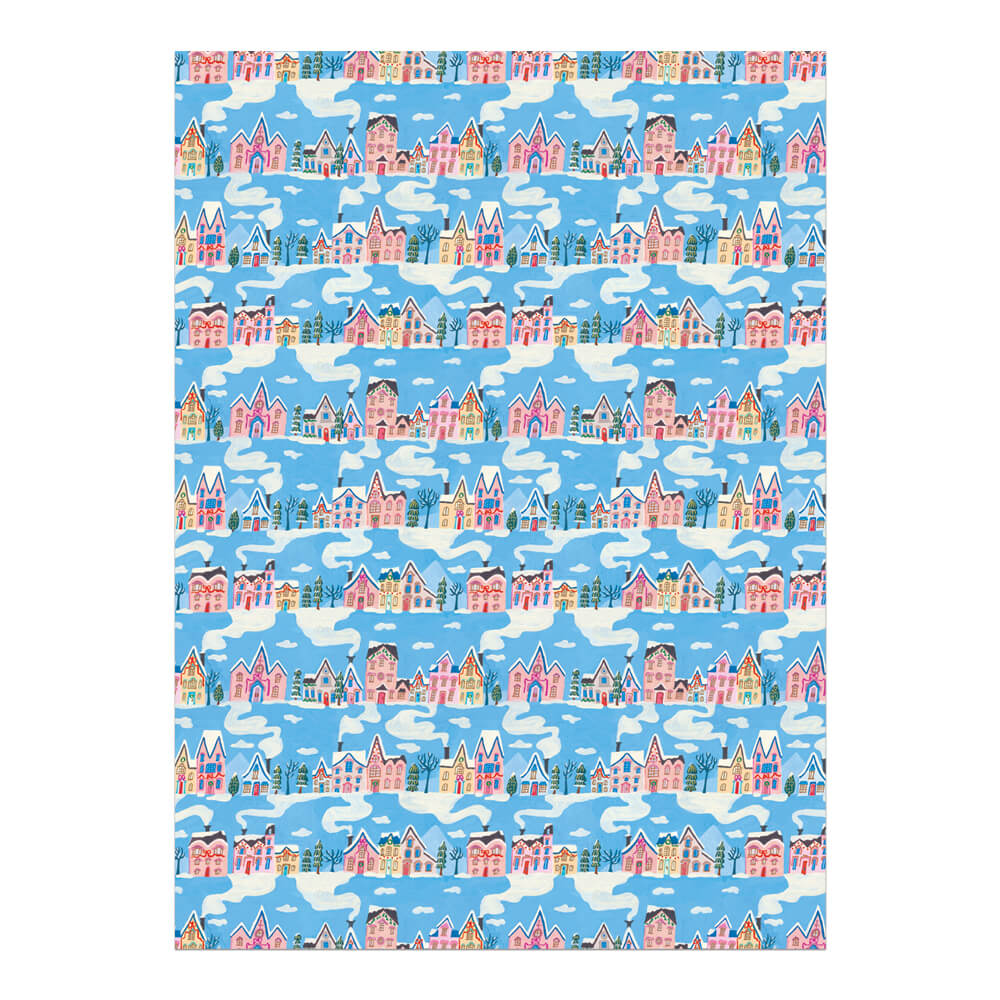 little-pink-houses-covered-in-snow-on-blue-background-christmas-wrapping-paper-red-cap-cards