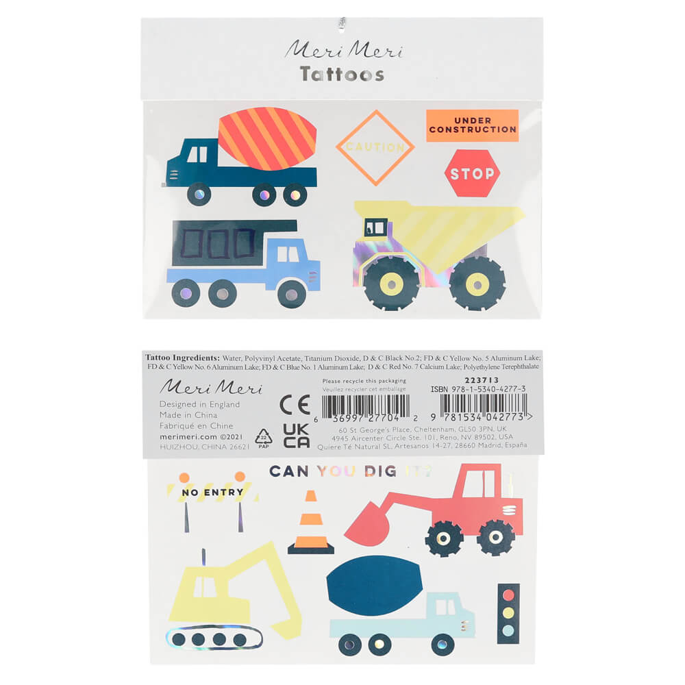 Meri Meri Party Construction Vehicle Tattoos - bubblegum market