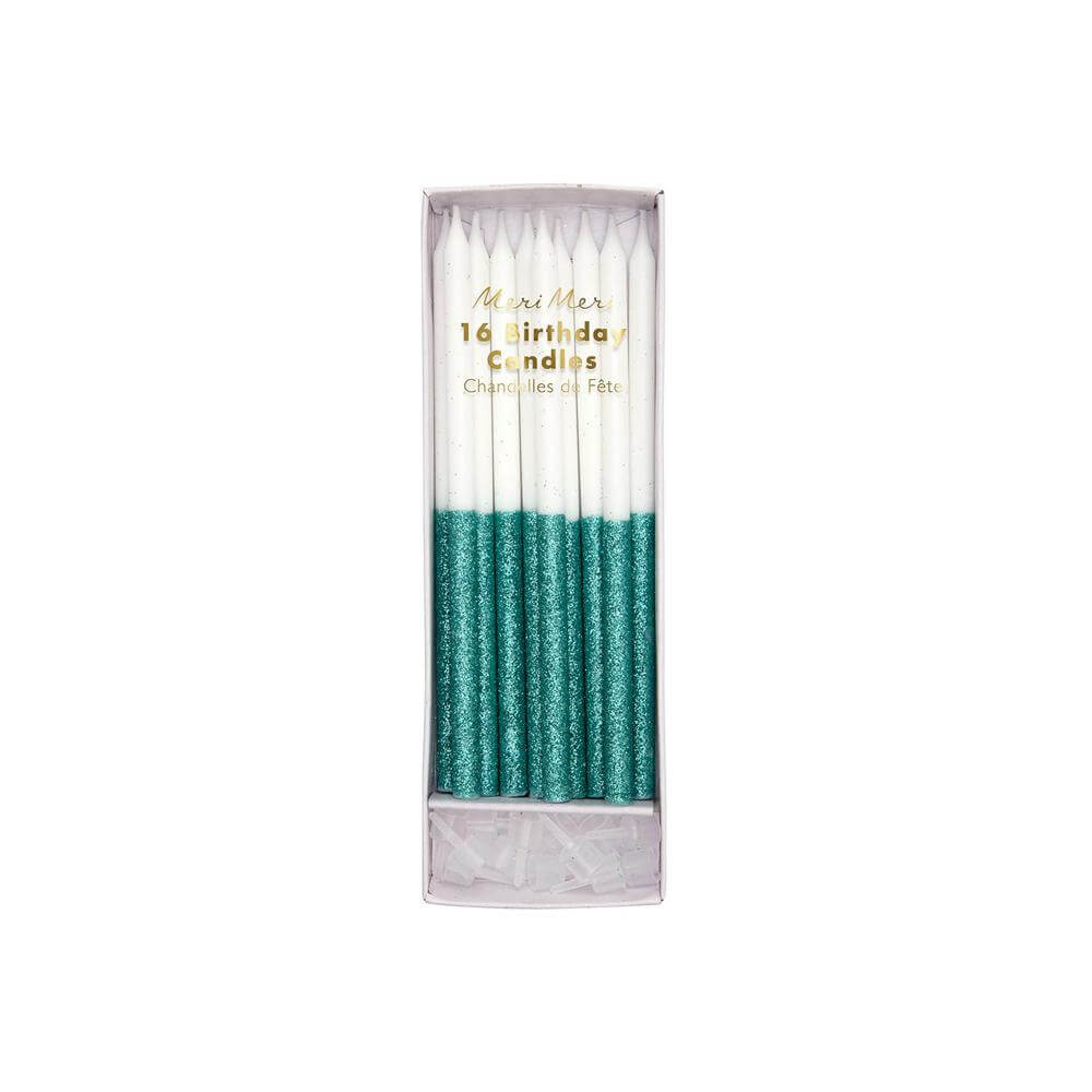 meri-meri-party-turquoise-aqua-green-glitter-dipped-birthday-candles-packaged