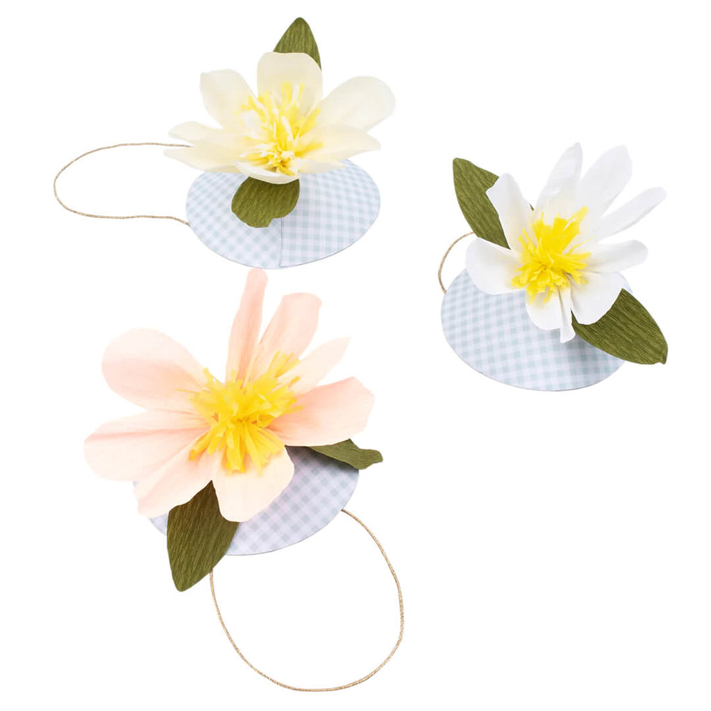 meri-meri-party-paper-flower-hats-pink-and-white-lilies-with-blue-gingham