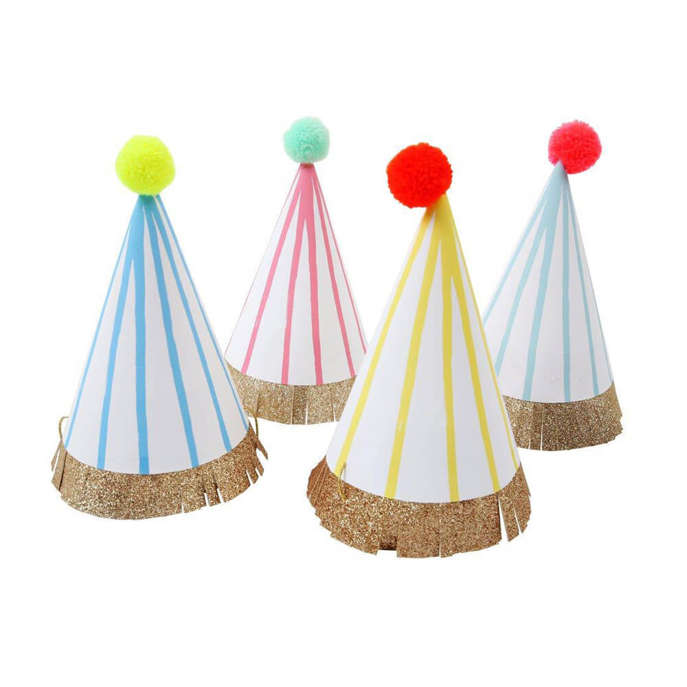 meri-meri-party-striped-pompom-party-hats-pink-blue-yellow-gold-mint-neon