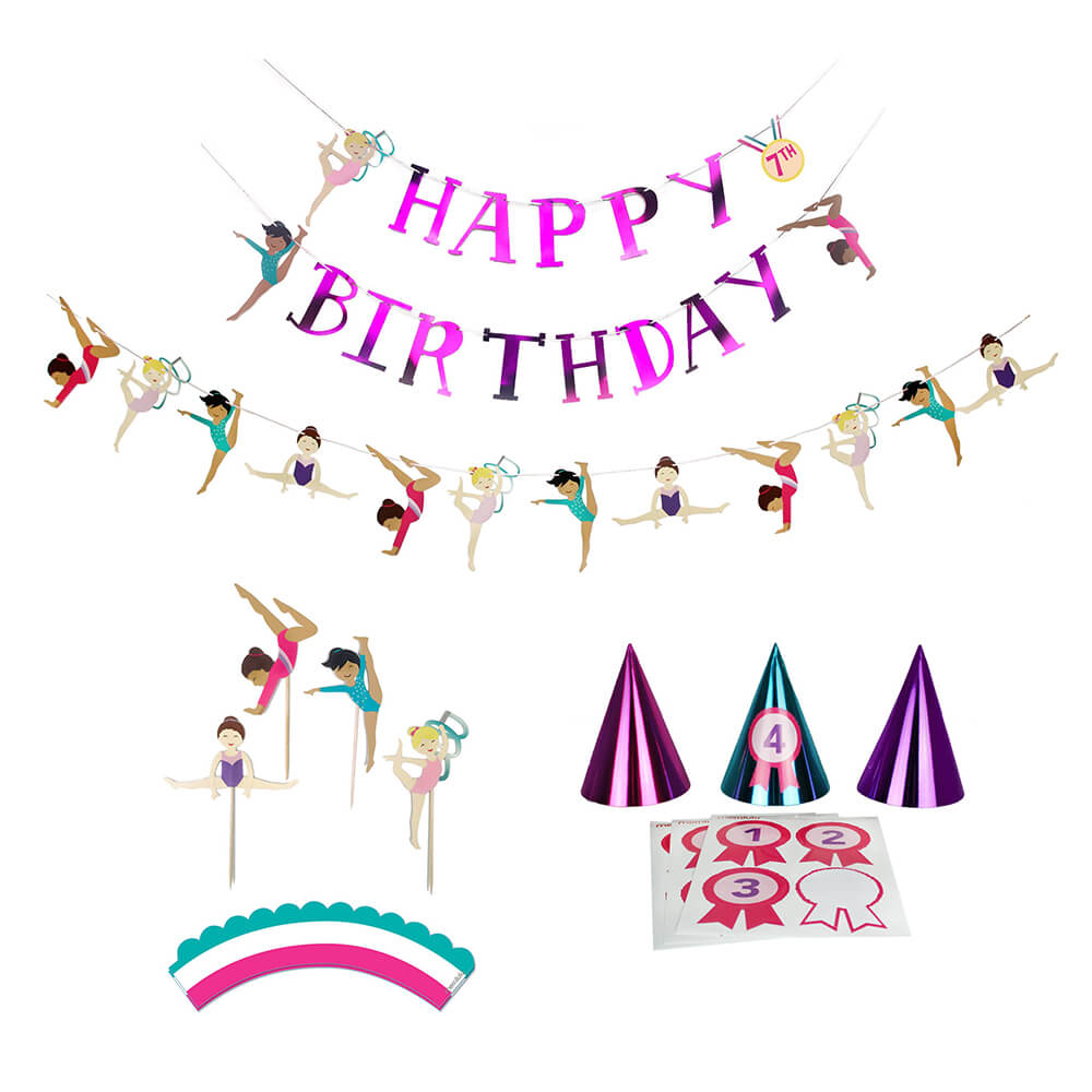 merrilulu-gymnastics-birthday-party-decoration-kit-banner-cupcake-toppers-party-hats-garland