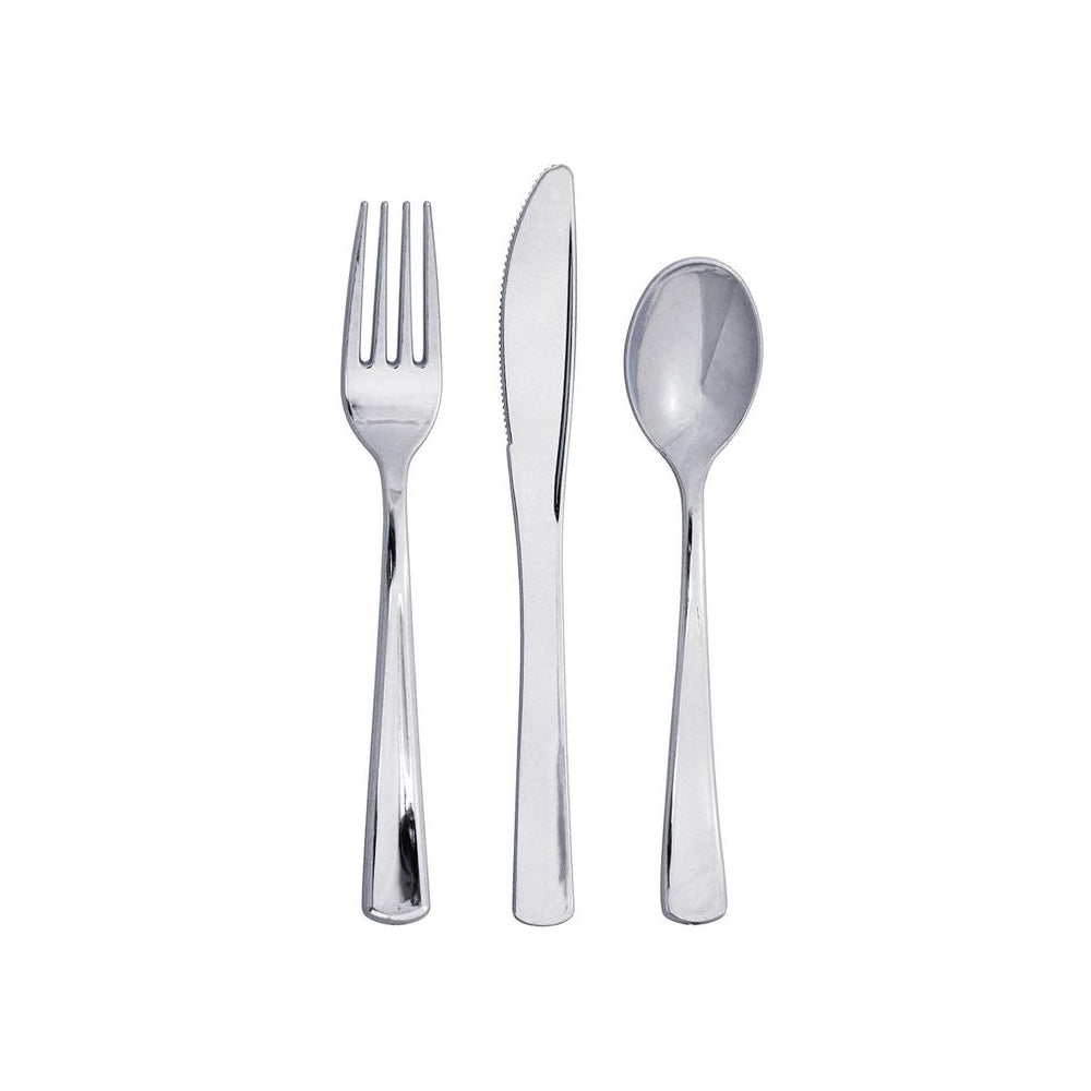Metallic Silver Plastic Cutlery Set 24ct