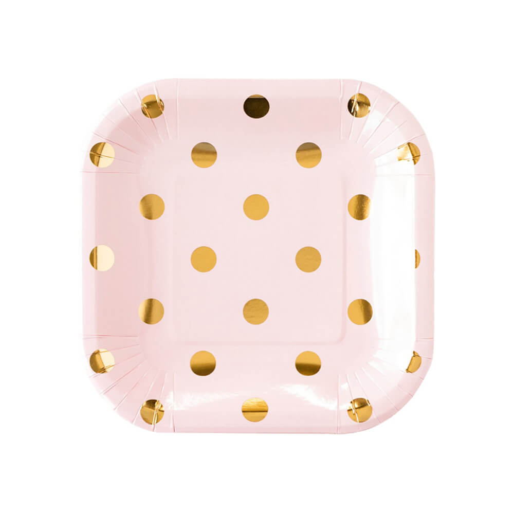 my-minds-eye-blush-square-paper-plates-with-gold-foil-polka-dot-pattern-7-inches