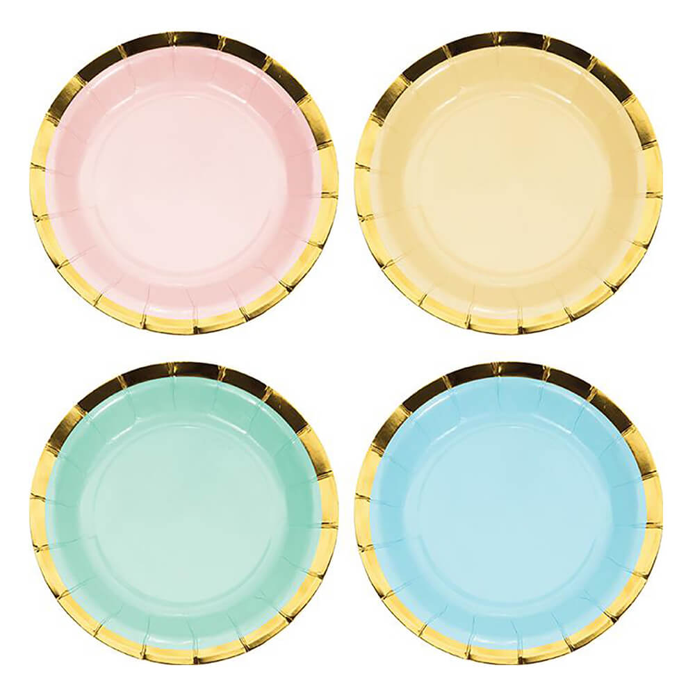 Pastel pink, yellow, green and blue ice cream party dessert plates. Gold-foil edging to coordinate with our Pastel Pinwheel Large Plates.