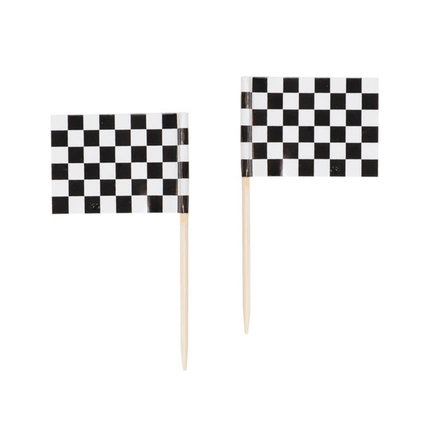 race-car-party-black-and-white-check-checkered-flag-cupcake-food-treat-picks-creative-converting
