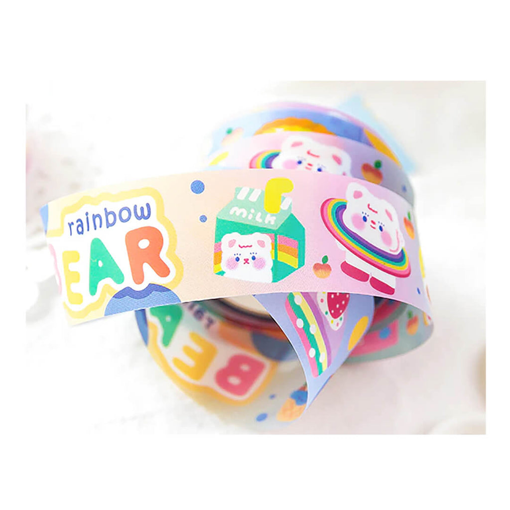    rainbow-bears-and-bunnies-floating-objects-dancing-together-kawaii-plastic-washi-tape-korean-stationery-styled