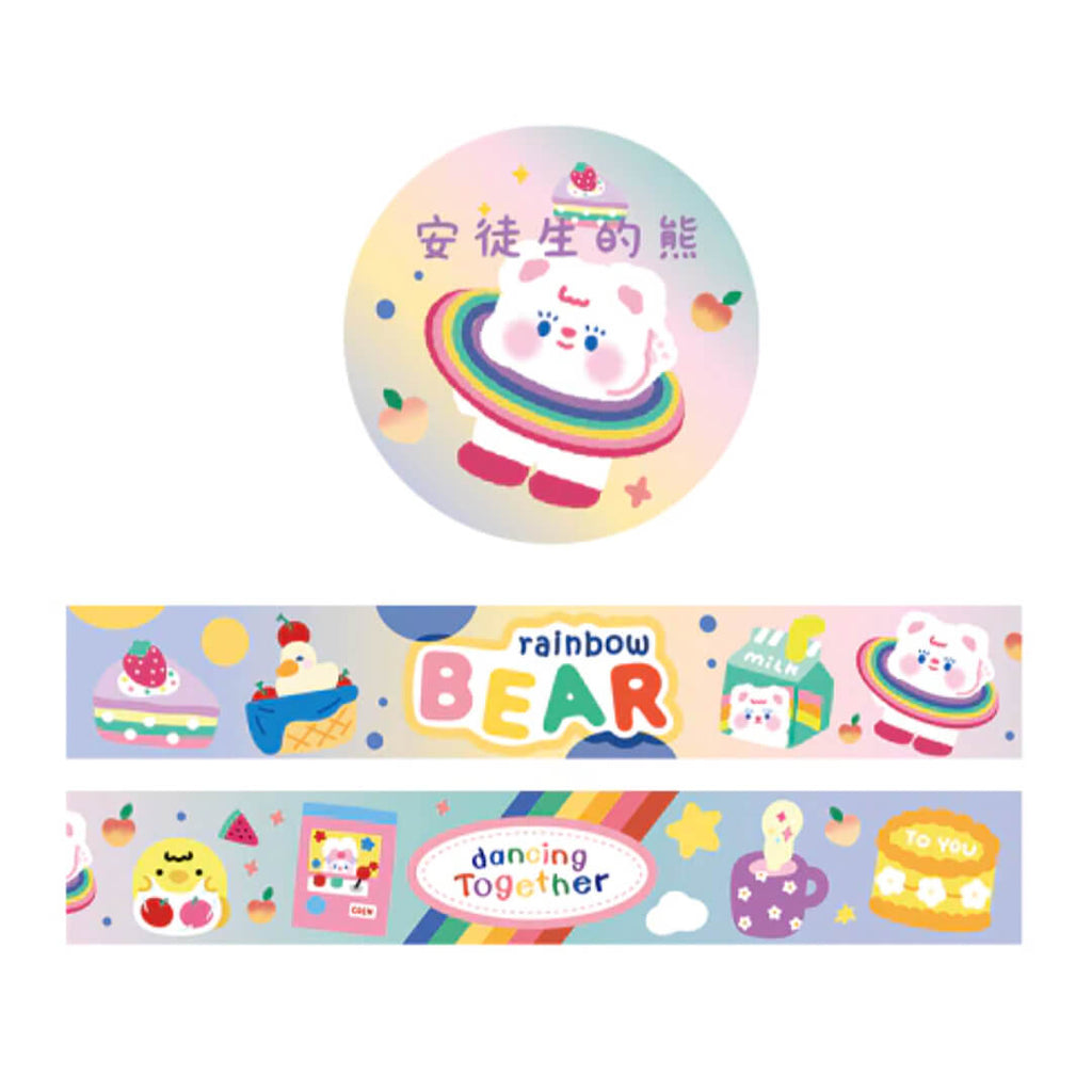     rainbow-bears-and-bunnies-floating-objects-dancing-together-kawaii-plastic-washi-tape-korean-stationery
