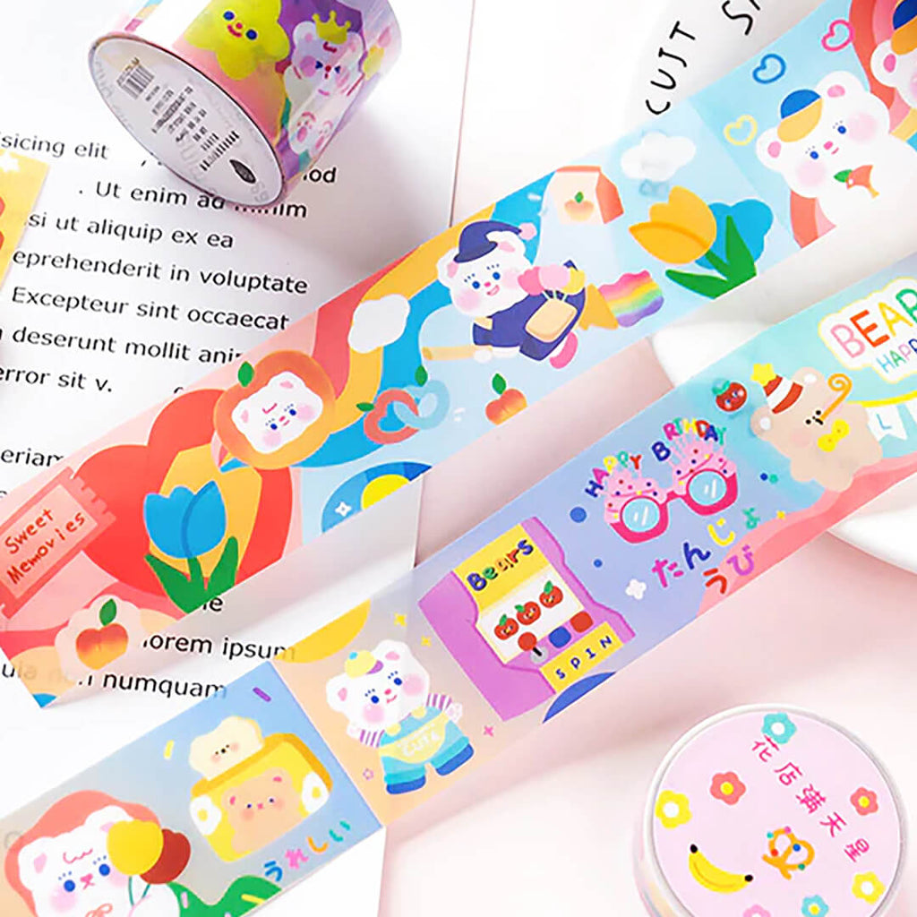 rainbow-skies-bears-and-bunnies-kawaii-plastic-washi-tape-korean-stationery-journal