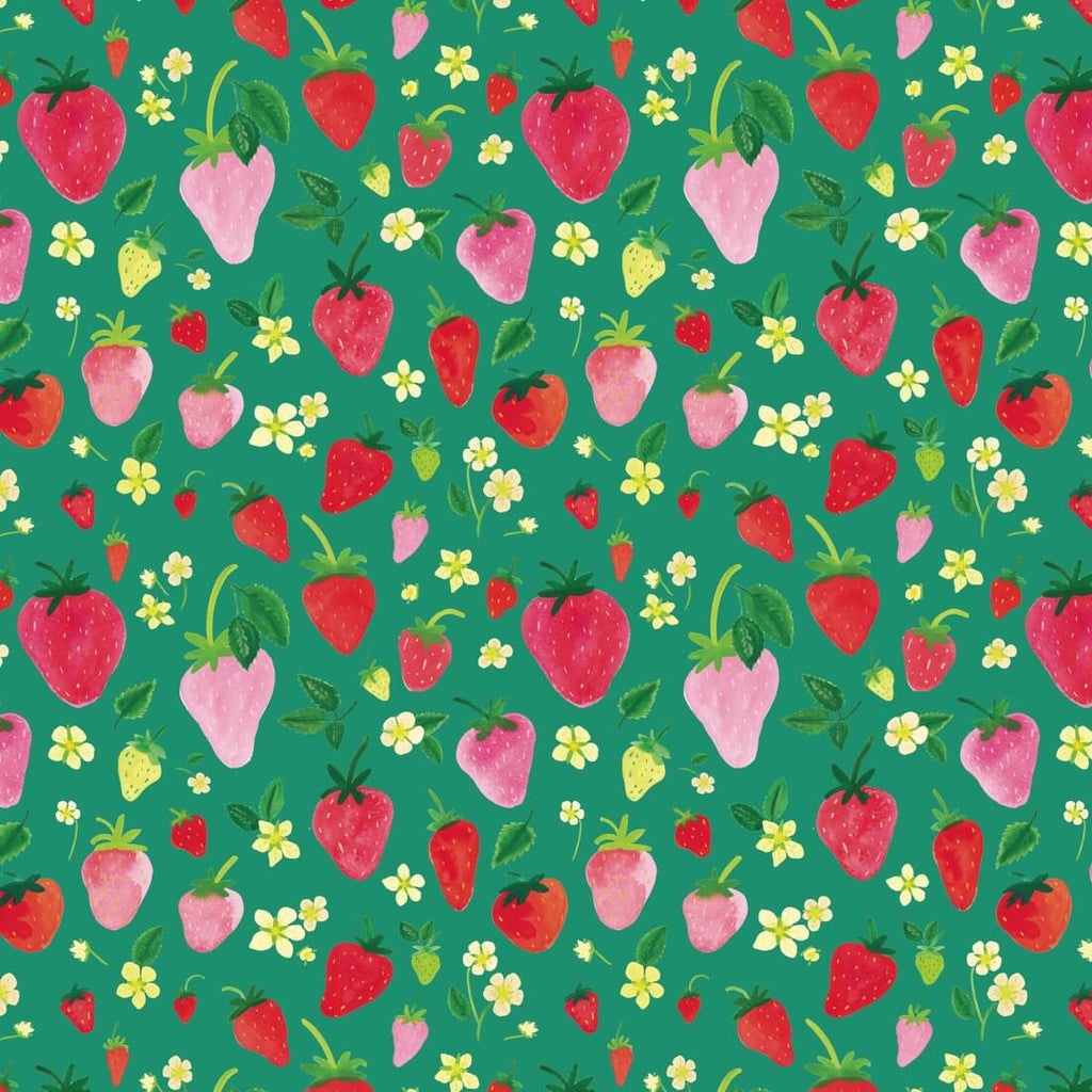Watercolor-painted strawberry-patterned gift wrap. Red and pink strawberries and yellow blossoms on a green background.